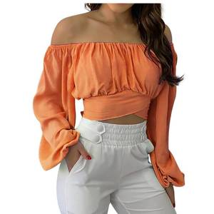 lot 6321 image: ECHOINE Off Shoulder Crop Top for Women Lantern Sleeve Waist Tie Blouse size s