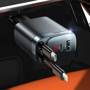lot 6347 image: 84W Retractable Car Charger, 4-in-1 Car Charger Adapter USB C Fast Charge