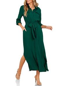 lot 6376 image: Wenrine Womens Button Down Shirt Dress Casual Chiffon 34 Lenght Sleeve Belted Lightweight Flowy Midi Dress with Slit (US, Alpha, Large, Regular, Regular, Green)