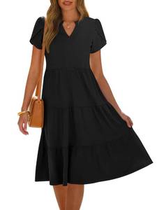 lot 6377 image: ANRABESS Womens Summer Causal Dresses V Neck Short Sleeve Midi Dress 2026 Flowy Tiered Boho Beach Sundress Vacation Outfits Black XXL