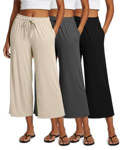 lot 6379 image: 3 Pack Womens Capri Pants Gaucho Wide Leg High Waist Loose Crop Pockets