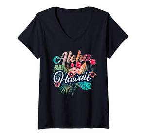 lot 6380 image: Womens Aloha Hawaiian Flowers Luau Party T Shirt for Vacation V-Neck T-Shirt size L color blue