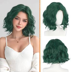 lot 6391 image: Haloo Green Bob Wig for Women Lace Front Hairline Short Soft Wavy Curly Natural Looking Middle Part Synthetic Hair Wigs for Daily Party, 11 Inch Dark Green