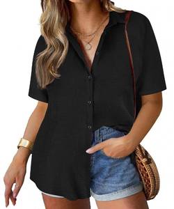 lot 6393 image: TIYOMI Womens Plus Size Cotton Shirts Tops Collared Black Short Sleeve 3X Button Down Solid Casual Shirts Loose Fit Summer Blouses 3XL 22W 24W