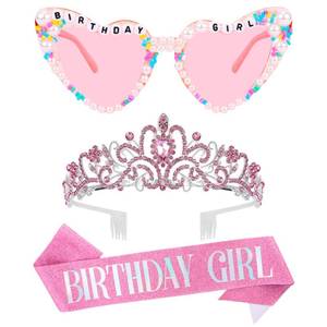 lot 6407 image: VELSCRUN Pink Birthday Girls Glasses, Birthday Girls Sash Tiara Crown for Women Girl, 3 Pcs Elegant Princess Crowns Hair Accessories Happy Birth Party Decorations Girl Gifts