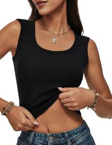 lot 6417 image: BESTPOEM Summer Tops for Women Scoop Neck Ribbed Wide Strap Black Crop Tank Tops Going Out Trendy Casual Workout Basic Sleeveless Tops Gym Cropped Camisole Small