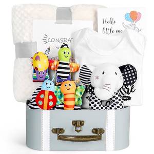 lot 7455 image: iAOVUEBY Baby Gift Set, Baby Shower Gifts, Black and White High Contrast Baby Toys 0-6 Months for Newborn Essentials Infant Rattle Socks Elephant Toys Blanket Onesies Baby Gift Basket for Girls Boys