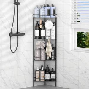 lot 7465 image: HuggieGems 4 Tier Floor Standing Corner Shower Caddy Organizer Shelf with Hooks, Bathroom Shelves Stand Rack, Black