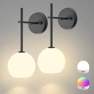 lot 7469 image: Black Battery Operated Wall Sconces Set of 2, Rechargeable Wireless Wall Lights with Milky White Frosted Glass Shade, 12 RGB and 3CCT Dimmable, Wall Lamps with Remote for Bedroom Living Room Hallway