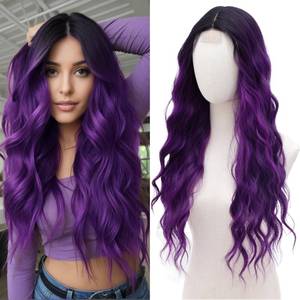 lot 8032 image: Cosplay Long Black Purple Wig 28 Inch Middle Part Synthetic Wigs for Women