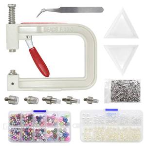 lot 8047 image: Pearl Setting Hand Press Machine Tools with 2 Boxes of 5 Sizes Colorful no Holes Round Pearls Beads and Rivet Studs, Screw Heads Tweezers for DIY Crafts