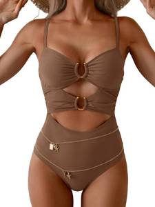 lot 8117 image: Aidonger One Piece Swimsuit for Women Cutout Ring Linked Monokini Bathing Suit Sexy Belt Chain Swimwear Brown