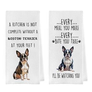 lot 8125 image: Geqtt Boston Terrier Dish Towels Set - Decorative Waffle Weave Kitchen Hand Tea Towels, Funny Gift (1624 Inches, Set of 2)