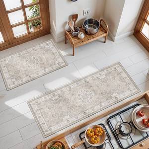 lot 9430 image: 2-Piece Kitchen Runner Rug Set Washable Non-Slip Floor Mats for Sink & Stove Cooking Area Soft Low Pile Water-Resistant Carpet for Dishwasher Fridge Fronts Durable Kitchen Island Mats(2x32x4,Beige)
