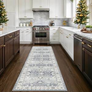 lot 9432 image: Washable 2x8 Hallway Runner Rug Vintage 8ft Water-Resistant Soft Runner Rug for Entryway Kitchen Non Slip Low Pile Carpet for Living Room Bedroom Thin Floor Mat for Bathroom Dining Room(Grey,2x8)