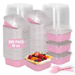 lot 9446 image: DeziWood 200 Pack 10 oz Pink Square Mini Cake Pans with Lids, Aluminum Foil Square Brownie Baking Cups for Ramekins Muffin Cupcake Wedding Birthday Party