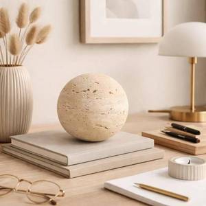lot 9466 image: Natural Travertine Ball Decor, Stone Sphere Accent for Coffee Table Shelf