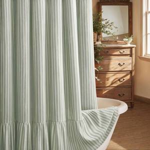 lot 9479 image: Farmhouse Shower Curtain Ruffle Linen White-Green Stripe 72W x 72L