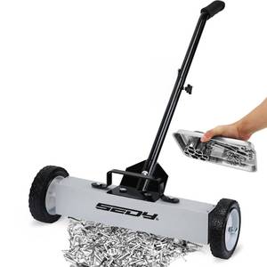 lot 9484 image: 18-Inch Rolling Magnetic Sweeper with 9.5-inch Magnetic Trays, 45-Pound Capacity Telescoping Magnetic Pickup Lawn Sweeper, Adjustable Handle Pick-up Sweeper for Nails, Screws Workshop Garage Yard
