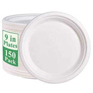 lot 9488 image: Vplus 150 Pack Paper Plates 9 inch 100% Compostable, Heavy-Duty Disposable Paper Plates Bagasse Natural Biodegradable Eco-Friendly Sugarcane��White��