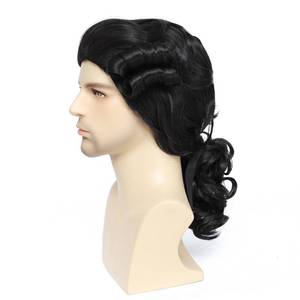 lot 9497 image: Adequate Mens Black Colonial Judge Wig, 18th Century Gentleman Curly Wig with Ribbon for George Washington Halloween Cosplay Costume Party (Black)