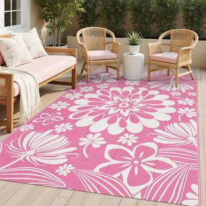 lot 11019 image: Ileading Outdoor Patio Rug, 5x8 ft, Pink Floral Reversible