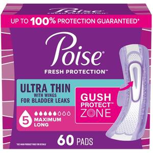 lot 13489 image: Poise Ultra Thin Incontinence Pads for Women, 5 Drop, Wings, Long, 60 ct