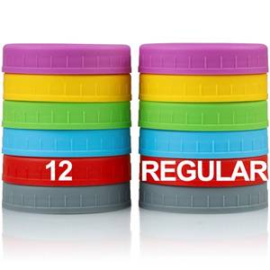 lot 13506 image: 12 Pack REGULAR MOUTH Mason Jar Lids for Ball, Kerr and More - Multicolor Plastic Storage Caps for Mason Jars, Canning Jars - Leakproof, Dishwasher Safe & Food Grade