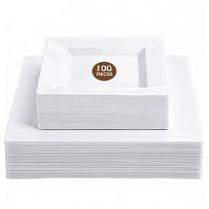 lot 13509 image: Pryntono 100 Pack White Square Plastic Plates, Disposable Plates for Party