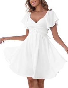 lot 14459 image: Florboom Womens Sweetheart Knot Front Sexy Dress - Cute Flutter Sleeve Tie Back Mini Dress for Graduation, Wedding Guest, Bridal Shower & Summer Vacation - Double Lined A-Line Sundress (White, XXL)