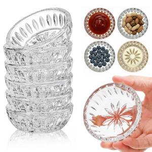 lot 19707 image: ZEAYEA Set of 8 Glass Dipping Sauce Cup, 2 oz Stackable Mini Glass Pinch Bowls for Spices, Condiments, Snack, Clear Floral Relief Design Small Prep Bowls for Kitchen, Party, Gift, Dishwasher Safe