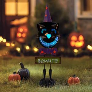 lot 19713 image: HONGLAND Solar Halloween Decoration Outdoor - Metal Black Cat Statues with Witch Hat, Spooky Cat Figurine with LED Lights, 24 H