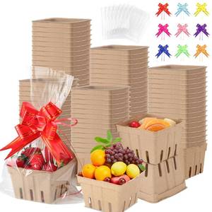 lot 19724 image: Yaomiao 100 Pcs Natural Pulp Fiber Berry Basket with 100 Clear Plastic Bag 100 Colorful Pull Bow Farmers Market Harvest Basket Berry Strawberry Containers for Birthday Gift Wrapping