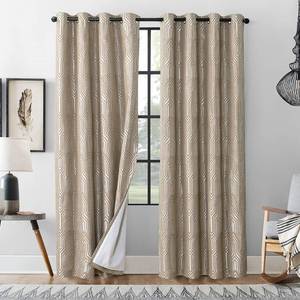 lot 19729 image: Light Brown and Silvery 100% Blackout Curtain Panels - Set of 2, Jacquard Geometric Pattern, Grommet Room Darkening Thermal Insulated Sound Curtains Window Drapes - 42 x 84 Inch, Mocha