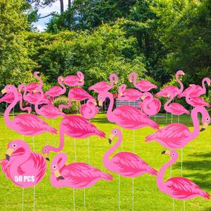 lot 19731 image: Yuntau 50 Pcs Pink Flamingo Yard Signs with 100 Stakes 8 Styles Patio Decoration Reversible Flamingo Lawn Signs Summer Beach Tropical Yard Stakes for Outdoor Garden Lawn Patio Walkway Party Favors