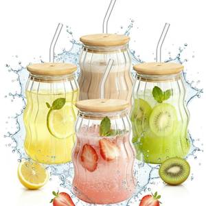 lot 19739 image: 4 Packs Cute Glass Tumbler with Lid and Straw 16 oz Vintage Ice Coffee Cup Set Bulk Simple Modern for Smoothie Juice Matcha Tea Water Slushie Clear Hot Drink Glasses Travel Mug Kitchen Glassware