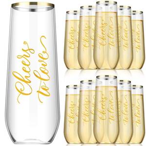 lot 19741 image: Ziliny 24 Pcs Wedding Plastic Champagne Flutes 9 oz Cheers to Love Stemless Champagne Glasses Gold Rim Wedding Cups Toasting Flutes Cocktail Cups Bridal Shower Party Bar Birthday Gifts
