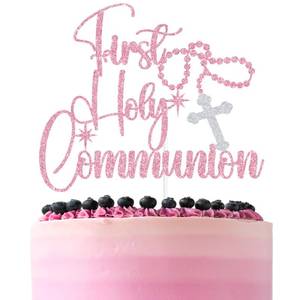 lot 20087 image: Pink Glitter First Holy Communion Cake Topper, Rosary Cross My Baptism Decor, Religious Christening Baptism Baby Shower Party Decorations Supplies
