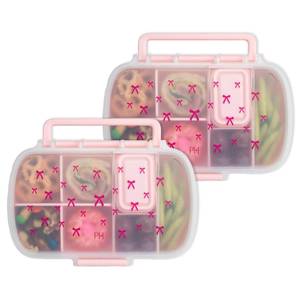lot 20140 image: Paris Hilton 2-Pack Bento Style Snack Boxes, 7-Compartment Lunch Containers with Built-In Phone Stand, Removable Dividers and Dip Containers, Pink Bow Print (Handle Broken Off)