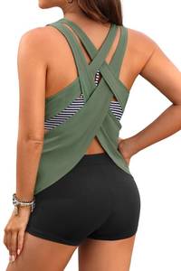 lot 20152 image: 3 Piece Swimsuits Open Tie Back Tankini Top And Athletic Swim Shorts Large