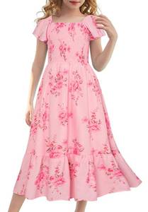 lot 20154 image: GRACE KARIN Girls Summer Dress Flutter Sleeve Smocked Maxi Boho Dace Dress for Kids 5-6 Years,Flowers on Light Pink