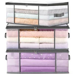 lot 20181 image: LANDNEOO 3-Pack Clothes Storage Bags, Plastic Foldable Blanket Storage bins, Closet Organizer Container for Bedroom, Bedding, Comforters, Pillows, and Clothing - 35L with Handles
