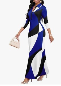 lot 2176 image: MarryUP Womens African Floral Printed Casual Party Holiday Long Maxi Dress V Neck 34 Sleeve Semi Formal Black Blue White 3XL
