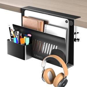 lot 1458 image: Litwaro Desk Side Storage, No Drill Laptop Holder with Magnetic Pen Holder, Clamp on Laptop Mount with Sticky Headphone Stand, Hanging Organizer for Office, Fits Flat Table Edge 0.4 to 2 (Black)