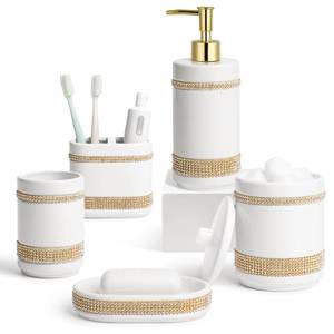 lot 1464 image: RQYIXI Ceramic Bathroom Accessories Set,White,5 Piece,Rhinestone Design&nbsp