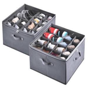 lot 1469 image: INSTY 2 Pack Shoe Organizer for Closet, Fits up to 32 Pairs, Adjustable Dividers for Shoe Storage, Fabric Shoe Storage Bins with Clear Cover, Grey