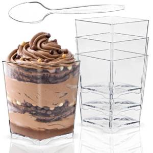 lot 1471 image: Jnnzzggu 50 Pack 4 oz Square Plastic Dessert Cups with Spoons,Clear Plastic Parfait Appetizer Cup Parfait Cups for Desserts,Appetizers,Ice Cream