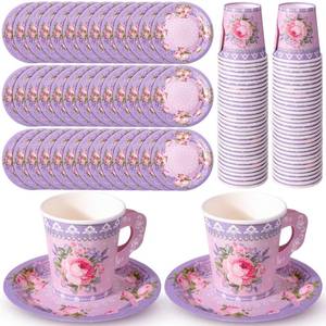 lot 1487 image: Nuogo 200 Pcs Floral Paper Tea Cups and Saucers 7 oz Disposable Paper Teacups with Handle and Plates for Tea Party Decoration Wedding Birthday Baby Shower Bridal Party, Serve 100(Purple)