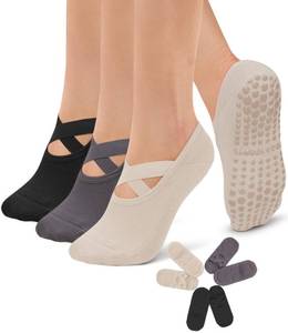 lot 2225 image: Diu Life 3 Pack Pilates Socks Yoga Socks with Grips for Women Non Slip, Workout, Pure Barre, Ballet, Dance, Hospital Socks black only no color socks