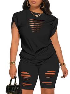 lot 2226 image: PINSV Women 2 Piece Outfits Summer Sweatsuits Track Suits Biker Short Workout Jogger Sets Black Cut Out 2XL